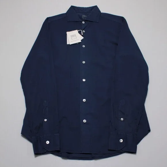 Fedeli NWT Dress Shirt Size 40 15.75 in Solid Navy Blue Cotton Blend